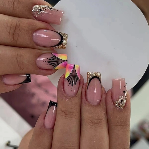 Elegant Black French Tip Press On Nails Square Shape Gold Glitter Star Design Glossy Artificial Fingernails For Women