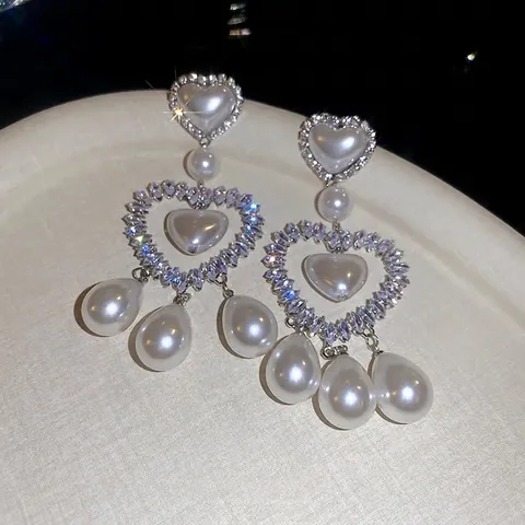 Herz Kunstperlen Ohrhänger Strass Zirkonia Kupfer Schmuck Elegant Hochzeit Party Damen Silver Earring Post