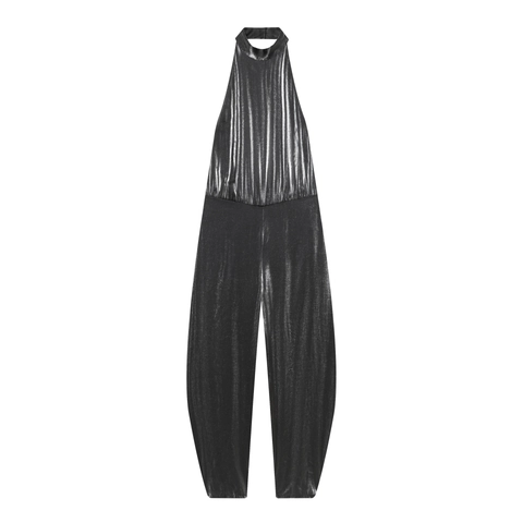 Halter Neck Metallic Shiny Jumpsuit Rückenlosen Hohe Taille Ärmellos Sexy Party Elegant Abend Damen