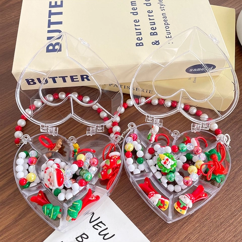 Kids Christmas Jewelry Set Cartoon Santa Snowman Beaded Necklace Bracelet Hairpin Ring In Heart Box Gift For Girls Party