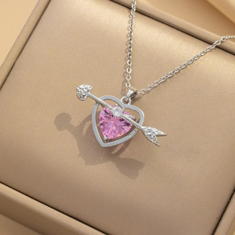 Collar Con Colgante De Corazón Acero Inoxidable Circonita Rosa Flecha De Cupido A Través Del Corazón Joyería Romántica
