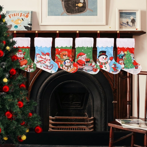Christmas Stocking Large Plush Gift Bag With Faux Fur Trim Cartoon Santa Snowman Printed Fireplace Hanging Decoration