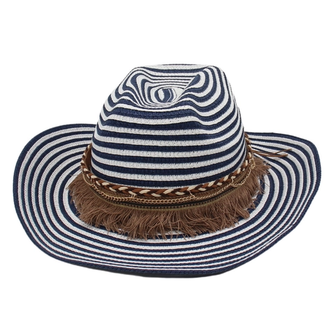 Cappello Da Cowboy In Paglia A Righe Tesa Larga Protezione Solare Stile Etnico Con Nappina Catena In Metallo E Coulisse