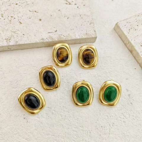 Vintage Geometric Oval Stud Earrings Stainless Steel 18K Gold Plated Black Agate Tiger Eye Stone Niche Jewelry Women