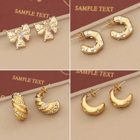 Stainless Steel Stud Earrings Zircon Bowknot C Shaped Design Gold Plated Elegant Jewelry For Women Fashion Accessory