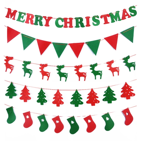 Christmas Felt Banner Garlands Red Green Reindeer Tree Socks Triangle Hanging Wall Window Party Store Decor Supplies