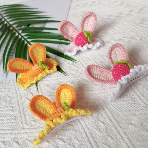 Handmade Crochet Knitted Rabbit Ears Hair Clips Strawberry Carrot Yarn Hairpins For Girls Kids Cute Headwear