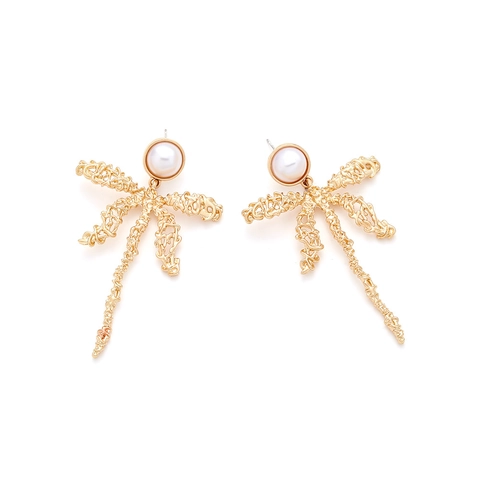 Vintage European Gold Dragonfly Stud Earrings For Women Exaggerated Zinc Alloy Hollow Artificial Pearl Insect Ear Jewelry