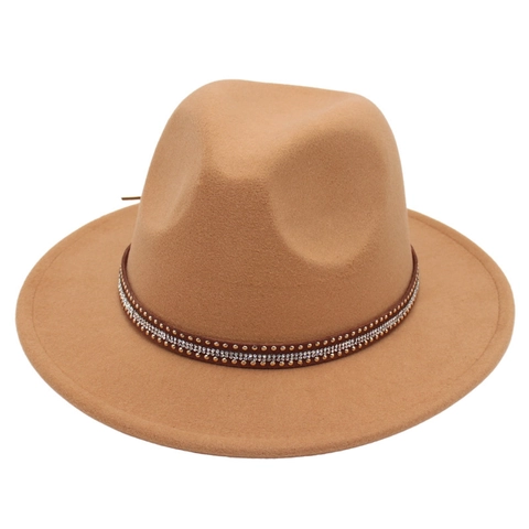 Vintage Woolen Felt Fedora Hat With Wide Brim Rhinestone Rivet Belt Decorative Elegant Unisex Jazz Cap