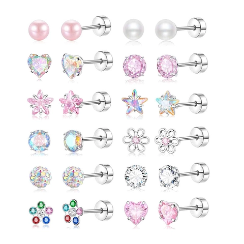 Stainless Steel Stud Earrings Zircon Faux Artificial Pearl Heart Star Flower Shapes Screw Back Cartilage Piercing Jewelry