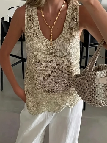Women Knit Tank Top Sequins Hollow Out Sleeveless V-Neck Loose Summer Vest Casual Sparkling Top