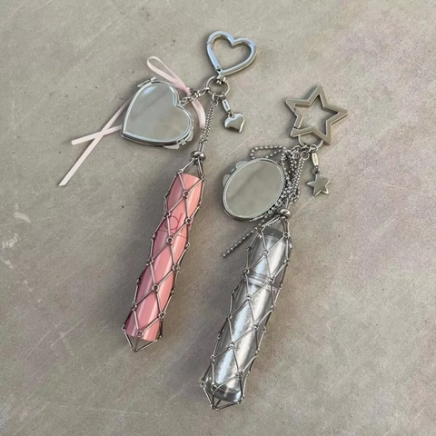 Stainless Steel Net Pocket Lip Gloss Holder Bag Pendant Keychain With Portable Makeup Mirror Tassel Star Heart Accessories For Women