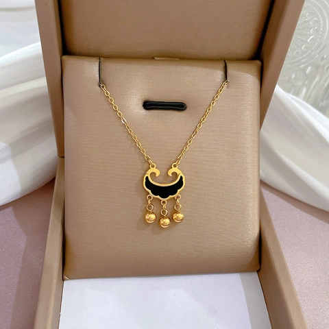 Titanium Stahl Ruyi Schloss Anhänger Halskette Schwarzes Emaille Quaste Glocken Retro Chinesischer Ethno Schmuck Frauen