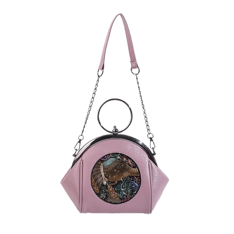 Damen Muschel Umhängetasche Vintage PU Leder Handtasche Mit Metallring Griff Elefantenrelief Ethno Stil Schultertasche