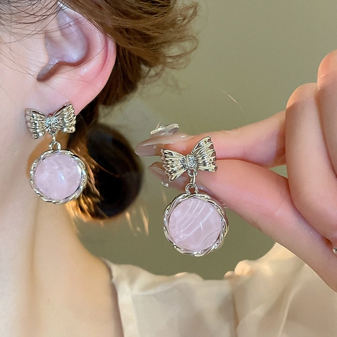 Pendientes De Lazo Con Colgante Redondo Aleación Resina Con Poste Plata Ley 925 Para Mujer Joyería Moda Retro