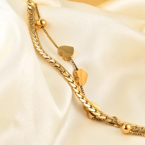 Double Layer Heart Bracelet Stainless Steel 18K Gold Plated Flat Snake Chain Heart Charms Adjustable Jewelry For Women