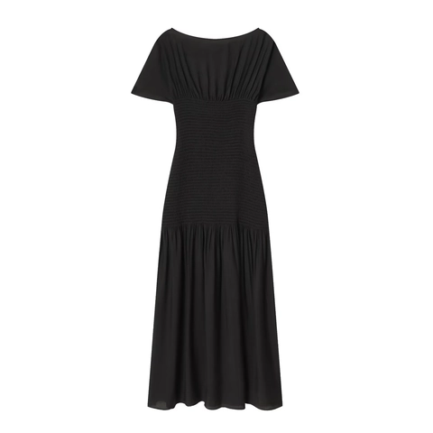 Gekräuseltes Gesmoktes Schwarzes Midikleid Kurzarm Hohe Taille Rundhalsausschnitt Elegant Mode Für Damen
