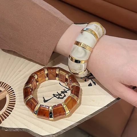 Pulsera Segmentada Gruesa Retro Mármol Acrílico Resina Aleación Elástico Joyería De Moda Para Mujeres