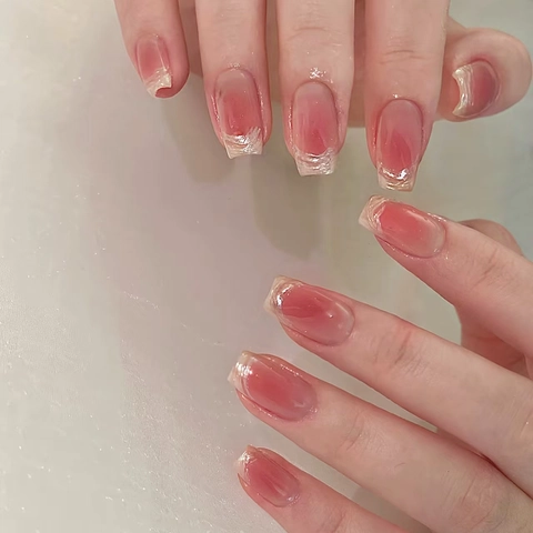 Unghie Finte Press On Sfumate Blush Stile Francese Pizzo Forma Bara Manicure DIY Per Donne