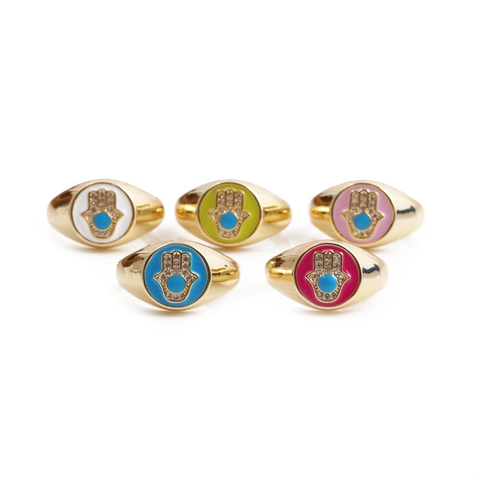 Hamsa Hand Ring Evil Eye Gold Plated Copper Enamel Zircon Open Adjustable Lucky Jewelry For Women