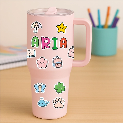 Autocollants Alphabet Icônes Dessin Animé Vinyle Imperméable Étiquettes Nom Pour Gourdes Boîtes Déjeuner DIY Mat