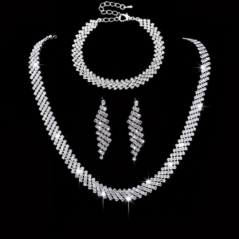 Gioielli Da Sposa Con Strass Collana Orecchini Bracciale Per Donna Matrimonio Festa Rame Tono Argento Zircone Lucido Lusso