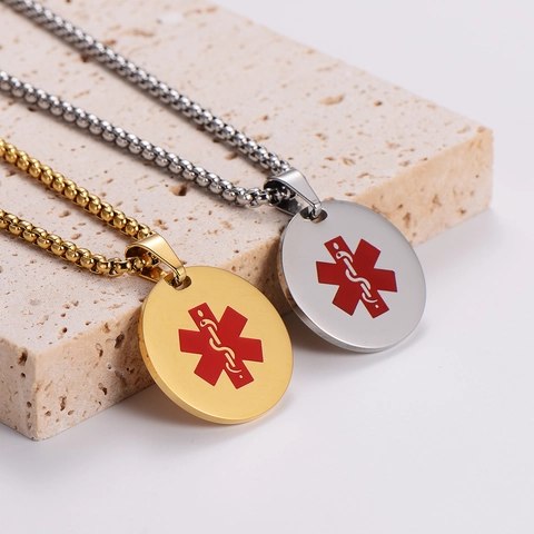Collar ID Alerta Médica Acero Inoxidable 316L Colgante Redondo Estrella De Vida Cadena Larga Joyería Emergencia Hombre Mujer