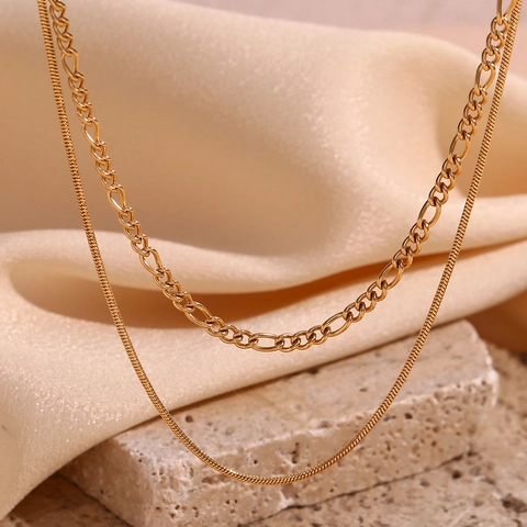 Double Layer Necklace 18K Gold Plated Stainless Steel Figaro And Snake Chain Minimalist Jewelry For Women