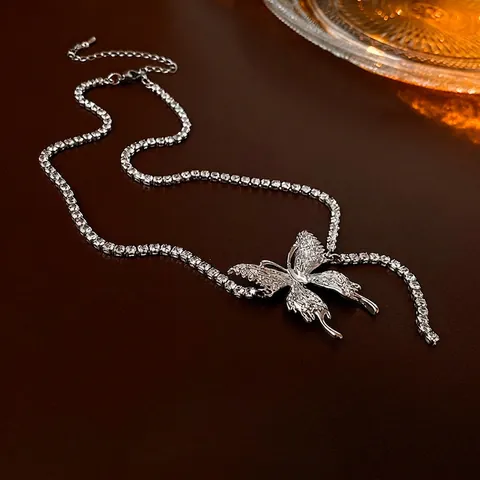 Collana Con Pendente A Farfalla Lega Strass Nappa Catena Tennis Gioielli Di Moda Eleganti Donna