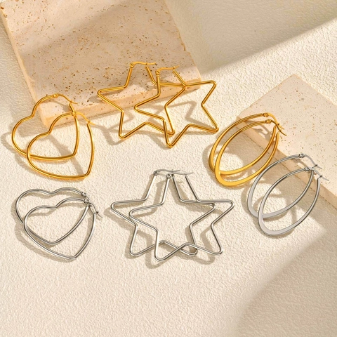 Stainless Steel Geometric Hoop Earrings Heart Star Oval Shaped High Polished Vintage Minimalist Fashion Jewelry For Women