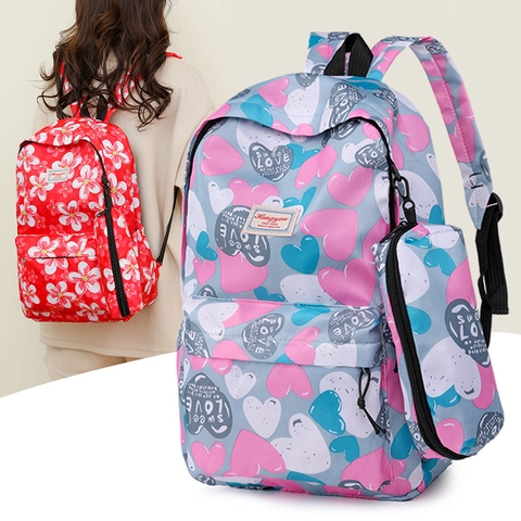 Zaino Con Piccola Pochette Nylon Leggero Stampa Cuore Floreale Scuola Viaggio Per Donne Studentesse