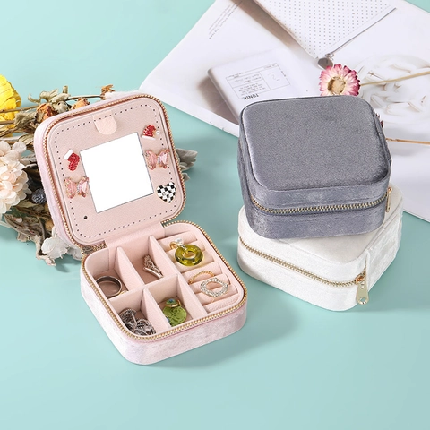 Portable Jewelry Box Velvet Zipper Storage Case With Mirror Travel Organizer For Rings Earrings Necklaces Square Soft