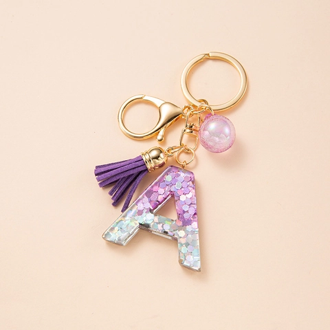 Purple Glitter Resin Alphabet Letter Keychain Gold Clasp Tassel Bead Bag Pendant Charm Jewelry Gift For Women Girls