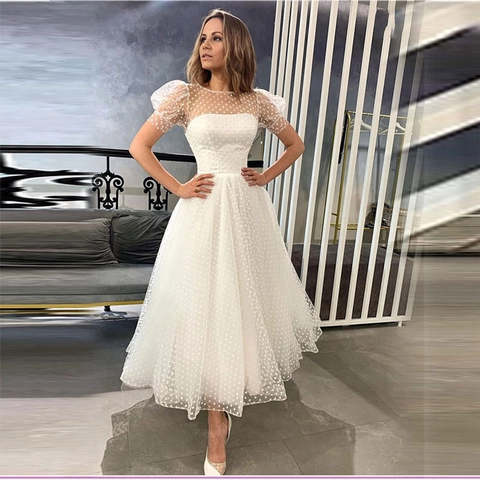 Abito Da Sposa Bianco Avorio Rete A Pois Maniche A Sbuffo Collo Rotondo Elegante Media Lunghezza Da Donna