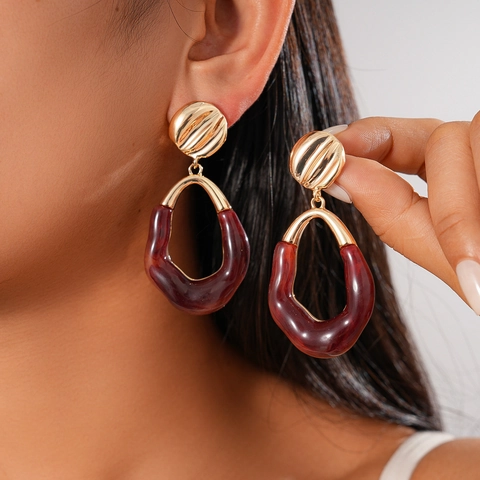 Geometric Oval Resin Drop Earrings With Silver Earring Post Retro Alloy Pleated Marble Pattern Jewelry For Women