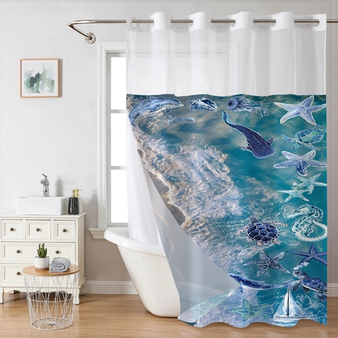 Ocean Marine Pattern Waterproof Polyester Waffle Shower Curtain Hook Free Detachable Liner Magnet Bottom Mesh Top Window