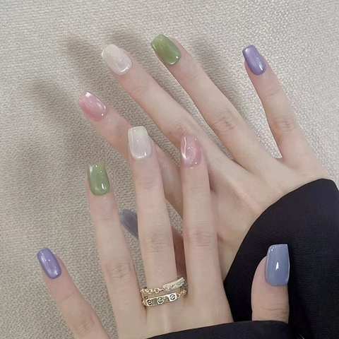 Cat Eye Press On Nails Jelly Transparent Colorful Short Square False Nails ABS Plastic Shimmer Manicure For Women Girls