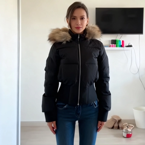 Women Short Hooded Puffer Jacket With Detachable Large Faux Fur Collar Polyester Padded Winter Coat Casual Outwear