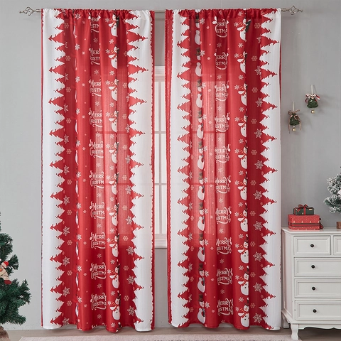 Christmas Curtain Polyester Printed Snowman Snowflake Semi Shading Window Drapes For Living Room Bedroom Holiday Home