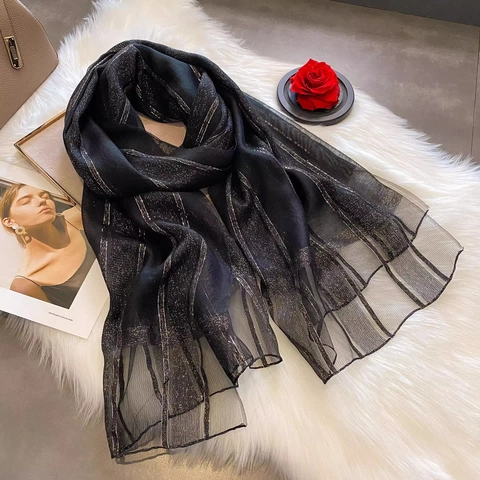 Eleganter Maulbeerseide Wolle Mischung Schal Damen Leicht Metallstreifen Dünne Pashmina Stola Mode Retro Schultertuch Schal