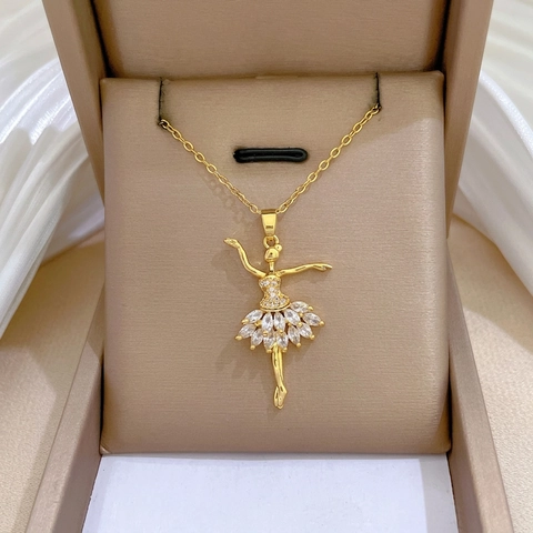 Balletdanseres Hanger Ketting Titanium Staal Koper Micro Ingelegd Zirkoon Goud Elegant Sieraden Voor Dames