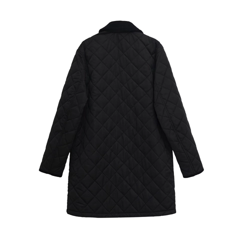 Women Diamond Quilted Jacket With Corduroy Lapel Long Sleeve Snap Button Pockets Polyester Casual Outerwear