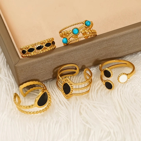 Geometrischer Offener Ring 304 Edelstahl 18K Vergoldet Emaille Türkis Vintage Boho Verstellbar Für Damen