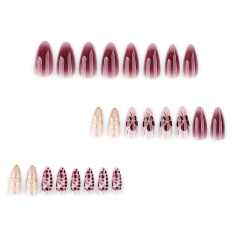 Unghie Finte Mandorla Lucide Rosso Vino Motivo Floreale Linee Dorate Stampa Leopardata Per Donna