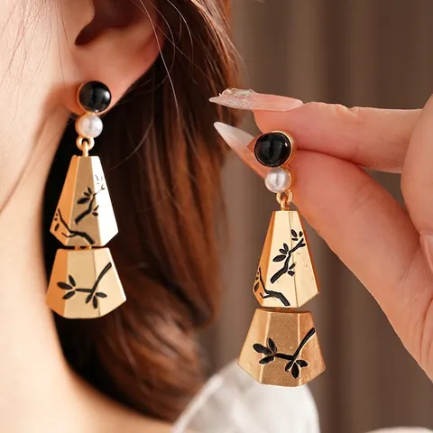 New Chinese Style Alloy Drop Earrings With Imitation Artificial Pearl Bamboo Pattern And Silver Earring Post Elegant For Women