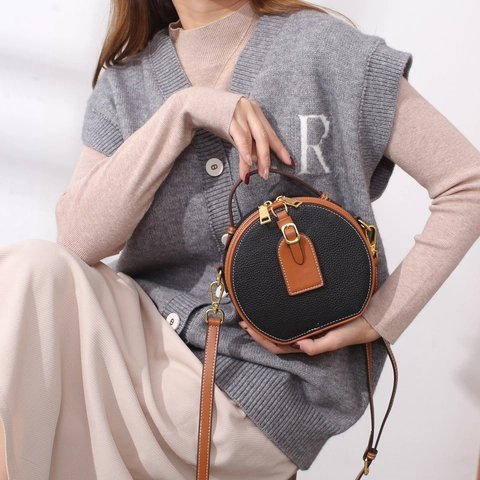 Women Round Shoulder Bag Genuine Leather Contrast Color Small Crossbody Purse With Top Handle Gold Hardware Versatile Casual