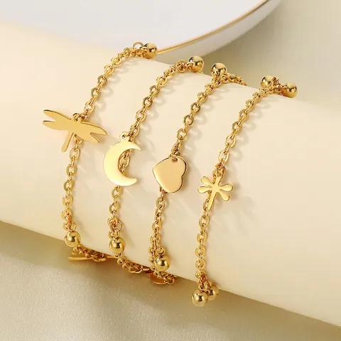 Dragonfly Heart Moon Tassel Multi Layer Anklet Stainless Steel Summer Beach Vacation Minimalist Elegant Foot Accessory