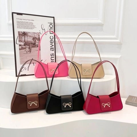 Women Baguette Bag PU Leather Underarm Shoulder Bag Gold Bow Buckle Niche Design Fashionable Handbag For Daily