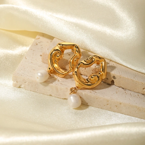 Orecchini Pendenti Con Perle D'acqua Dolce Acciaio Inossidabile Placcato Oro 18K Lava Cava Irregolare Vintage Per Donna