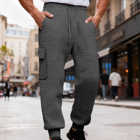 Pantaloni Cargo Jogger Uomo Texture Nido D Ape Motivo Griglia Tasche Multiple Coulisse Vita Fondo Elastico Casual Sportivo